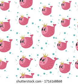 Seamless background of cute pink fish. Little fish. Children's illustration in Scandinavian style.