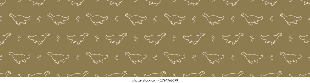 Seamless background cute plesiosaur dinosaur gender neutral baby border pattern. Simple whimsical minimal earthy 2 tone color. Kids nursery decor edging fashion ribbon trim.