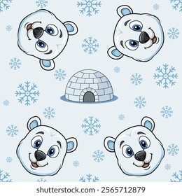 Seamless background of cute polar bears, snow igloo and snowflakes. Vector illustration. Polar bear with snowflakes and igloo on blue background