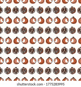 Seamless background cute pomegranate. Gender neutral kid food pattern. Simple whimsical minimal earthy 2 tone color. Baby nursery wallpaper or boho decorative gardening decor all over print. 