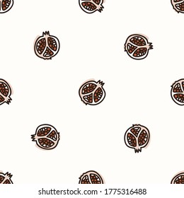 Seamless background cute pomegranate slice. Gender neutral kid food pattern. Simple whimsical minimal earthy 2 tone color. Baby nursery wallpaper or boho decorative gardening decor all over print. 
