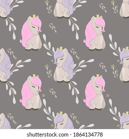 Seamless background with cute ponies. Decorative wallpaper for the nursery in the Scandinavian style. Vector. Suitable for children's clothing, interior design, packaging, printing.