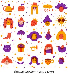 Seamless background with cute portraits and symbols for textile or any prints in doodle marker style. Textile packing paper pattern  doodle icons and symbols in trendy hand drawn style. 