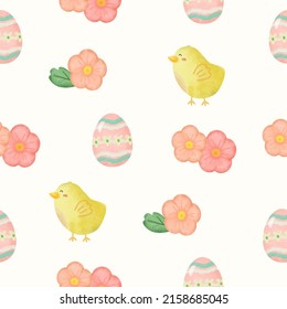 Seamless background with cute Rabbit, chick, flower and eggs. lovely animal in cartoon character for graphic designer, Happy Easter greeting card,  Vector illustration