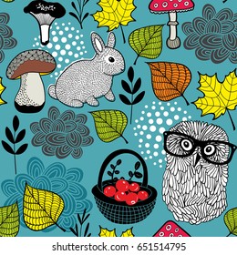 Seamless background with cute rabbit and clever owl in eyeglasses. Vector illustration of nature images.