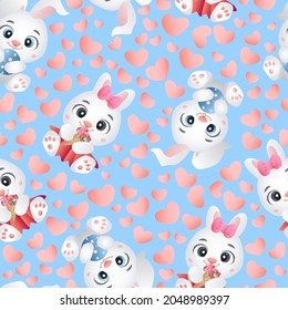 Seamless background with cute rabbits, around hearts. Vector illustration in cartoon childish style