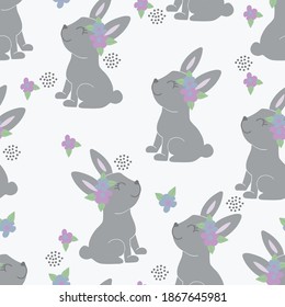 Seamless background with cute rabbits and flowers. Decorative wallpaper for the nursery in the Scandinavian style. Vector. Suitable for children's clothing, interior design, packaging, printing.