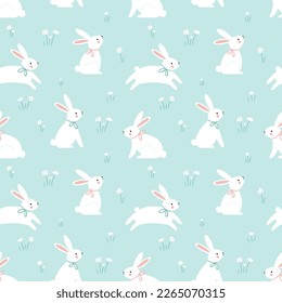 Seamless background with cute rabbits on the background of the lawn.