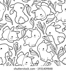 Seamless background. Cute rabbits and tulips. Linorth. Coloring page. 