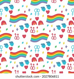 Seamless background with cute rainbow and LGBTQ symbols. Design for fabric, wallpaper, napkins, textiles, packaging, backgrounds.