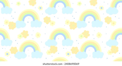 Seamless background with cute rainbows clouds naive style baby background for wrapping paper, notepad, scrapbook