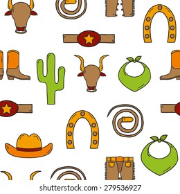 Seamless background with cute rodeo objects made in cartoon hand drawn style. Cowboy's pants, shoe, hat, horseshoe, lasso, cactus. You can use it for your western design.