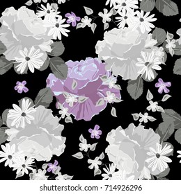 Seamless background with cute roses and daisies. Design for cloth, wallpaper, gift wrapping. Print for silk, calico and home textiles.Vintage natural pattern.