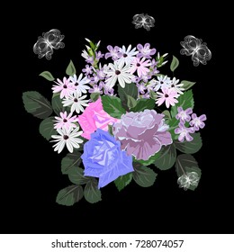 Seamless background with cute roses and daisies. Design for cloth, wallpaper, gift wrapping. Print for silk, calico and home textiles.Vintage natural pattern.