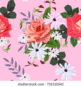 Seamless background with cute roses and daisies. Design for cloth, wallpaper, gift wrapping. Print for silk, calico and home textiles.Vintage natural pattern.