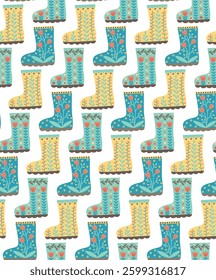 Seamless background with cute rubber boots in folk style. Decorative pattern of shoes with floral ornament.