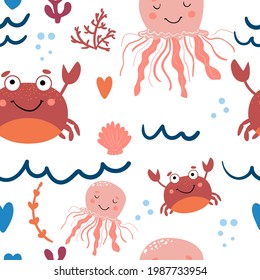 Seamless background with cute sea animals. Pattern with Crab, and jellyfish. For design, web, graphics, textiles and advertising. Vector illustration
