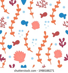 Seamless background with cute sea animals. Pattern with little fish and seaweed. For design, web, graphics, textiles and advertising. Vector illustration