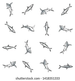Seamless background with cute sharks. Black shark character abstract hand drawn vector seamless pattern. Doodle line sketch.