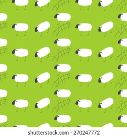 Seamless background with cute sheep jumping over fence isolated on bright green