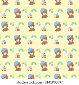 A Seamless Background of Cute and Simple Baby Bear with the Toys