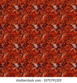 Seamless background with cute simple flowers in gray, blue and orange colors. Design for cloth, wallpaper, gift wrapping. Print for silk, calico and home textiles. Vector vintage natural pattern.