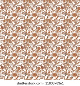 Seamless background with cute simple flowers in brown, yellow and white colors. Vector vintage natural pattern. Design for cloth, wallpaper, gift wrapping. Print for silk, calico and home textiles.