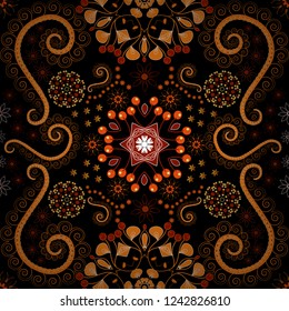 Seamless background with cute simple flowers in red, orange and black colors. Vector vintage natural pattern. Design for cloth, wallpaper, gift wrapping. Print for silk, calico and home textiles.
