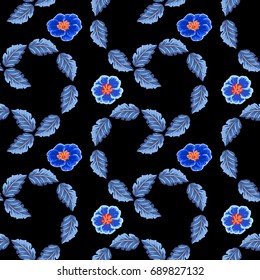 Seamless background with cute simple flowers and leaves. Design for cloth, wallpaper, gift wrapping. Print for silk, calico and home textiles.Vintage natural pattern.