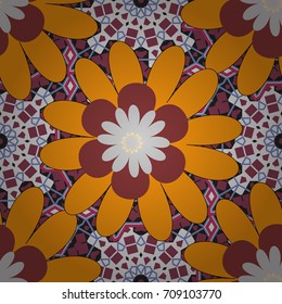 Seamless background with cute simple flowers in brown, orange and magenta colors. Vector vintage natural pattern. Print for silk, calico and home textiles. Design for cloth, wallpaper, gift wrapping.