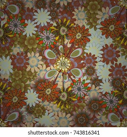 Seamless background with cute simple flowers in brown, beige and green colors. Vector vintage natural pattern. Design for cloth, wallpaper, gift wrapping. Print for silk, calico and home textiles.