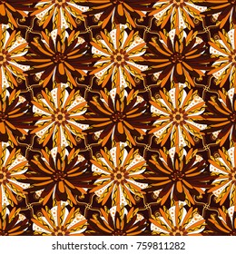 Seamless background with cute simple flowers in white, brown and orange colors. Vector vintage natural pattern. Design for cloth, wallpaper, gift wrapping. Print for silk, calico and home textiles.