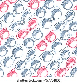 Seamless background of cute sketch blue and pink vintage sunglasses. hand-drawn illustration