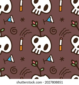 Seamless background with cute skulls, cigarette, and drink. Design for fabric, wallpaper, napkins, textiles, packaging, backgrounds. vintage style.
