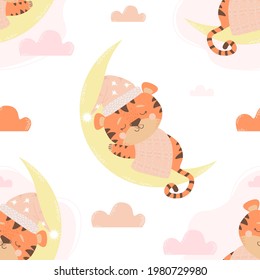 Seamless background. A cute sleeping animal tiger in a cap and under a blanket sleeps on the moon on a white background with clouds. Vector illustration. Childrens collection