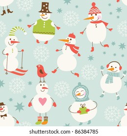 Seamless background with cute snowman