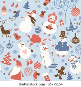 Seamless background with cute snowman, set of holiday's elements