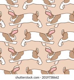 Seamless background. Cute spotted rabbits walk in different directions. Beige background and brown tones. Rabbits with pink ears. 