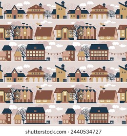 Seamless background with cute streets and buildings, vector illustration in cartoon style