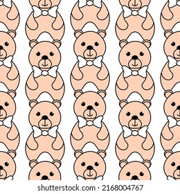 Fondo sin inconveniente con un lindo oso de peluche con corbata de arco. Patrón animal al estilo infantil sobre un blanco. Para tela, papel, papel pintado. Ilustración vectorial.