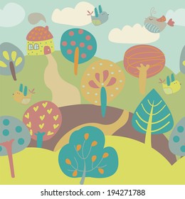 Seamless background with cute trees, house and birds in cartoon style