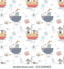 Seamless background with cute underwater inhabitants and a ship. Creative children's background. Ideal for baby clothes, fabrics, textiles, baby decorations, wrapping paper. Vector illustration