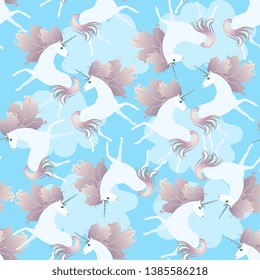 Seamless background with cute unicorns with manes in form of viburnum leaves frolic in blue sky among white clouds. Print for fabric, wallpaper.