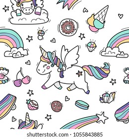 Seamless background with cute unicorns, sweets  and  ets. Illustration made in cartoon style