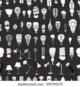 Seamless background of Cute Vintage Bulb Doodle. Vector illustration.