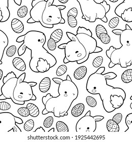 El fondo es impecable. Bonitos conejillos blancos y huevos de Pascua. Colorido de la página. Esquema. Huella de Pascua. Papel envuelto, tejido y web. 