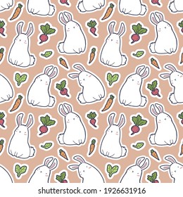 Seamless background. Cute white rabbits and seasonal vegetables. Carrots, beets, lettuce. Stickers on a pastel background. Pattern for fabric, wrapping paper and web. 