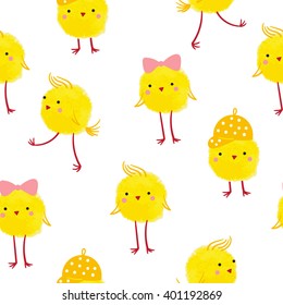 Seamless background with cute yellow chicks on a white background.For cards, tags, textiles, wallpapers, gift wrapping paper.