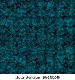 Seamless background with cyan transparent glowing bubbles. Endless digital pattern with simple turquoise circles in random order on dark background