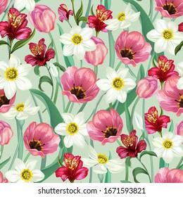 Seamless background of daffodils, narcissus, Alstroemeria, lilies and tulips . Decorative spring greeting card , happy birthday, wedding, advertising banner, sales, discounts, labels, fabrics